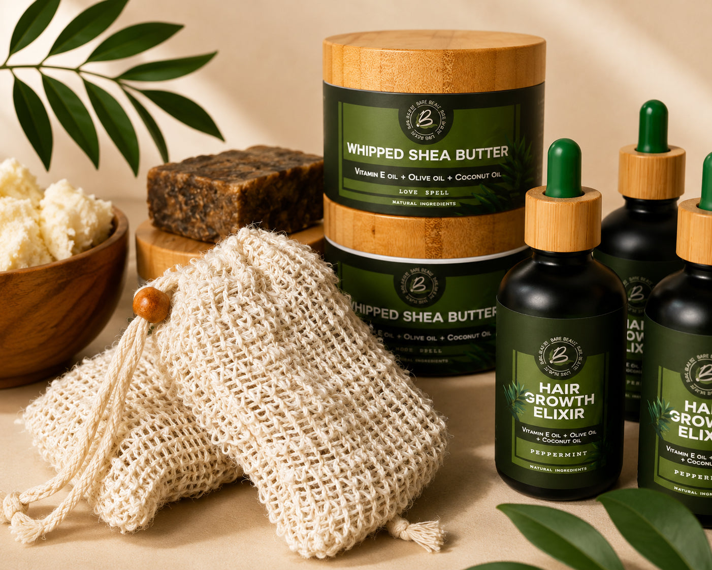 A set of hair care products from the brand '2' arranged on a beige surface with natural props. The set includes a jar of Whipped Shea Butter with a bamboo lid, two bottles of Hair Growth Elixir with green dropper tops, a beige mesh cleansing pouch, and a bar of shampoo.