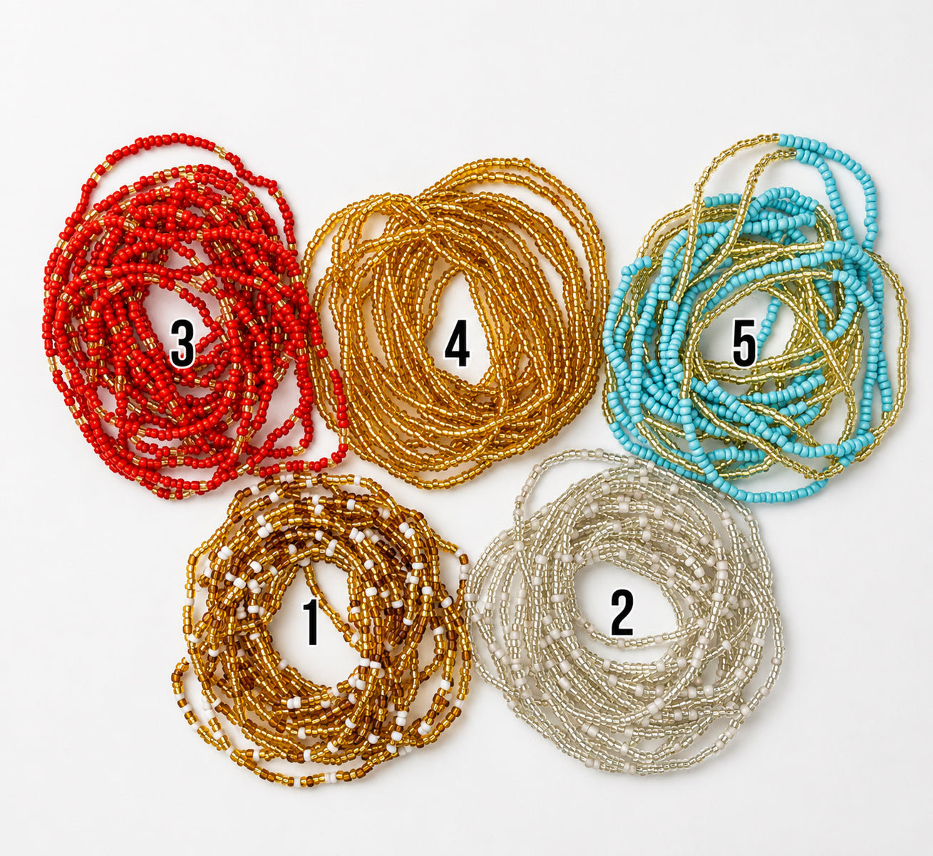 Five coiled strands of seed beads in different colors are arranged on a white background, labeled 1 through 5. The colors include red, gold, turquoise blue, bronze, and silver.