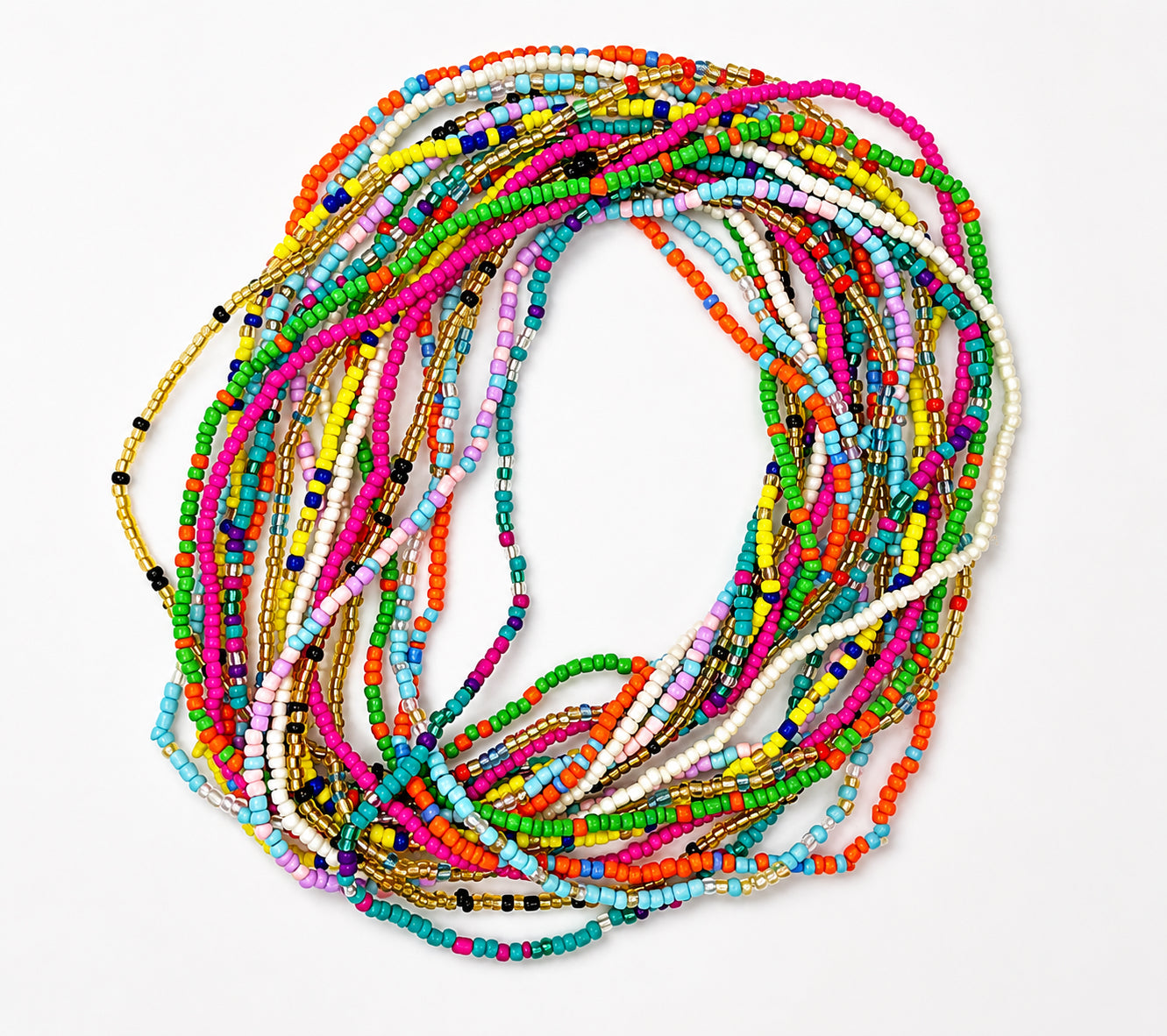 A coiled bundle of long beaded waistbeads in a vibrant multicolor mix, including pink, green, blue, yellow, orange, white, and black beads, arranged on a plain white background.